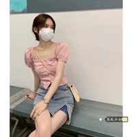 Розовая короткая мини-юбка, летняя футболка, сексуальная рубашка, квадратный вырез, коллекция 2021, французский стиль