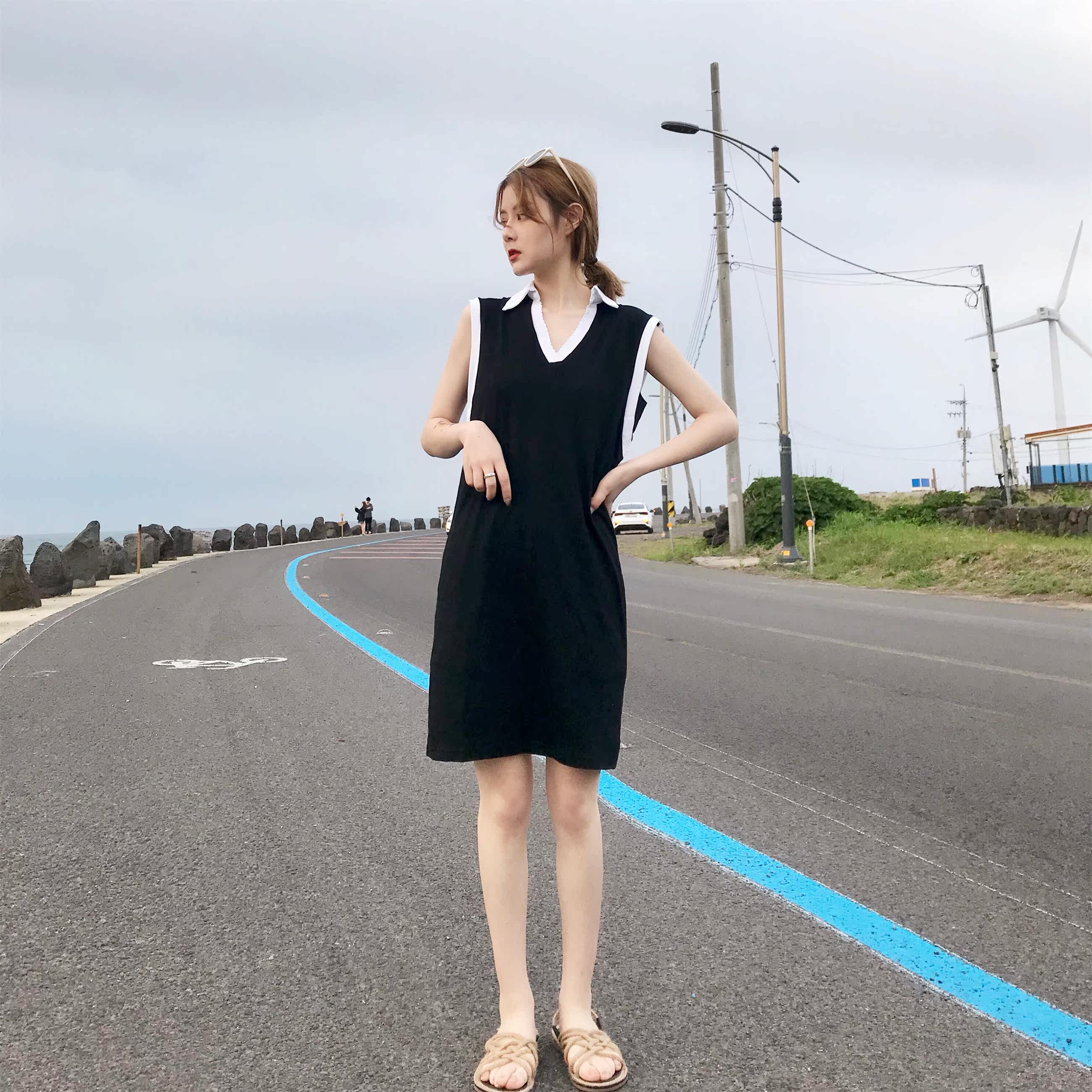夏季新款女装韩版宽松百搭学生无袖t恤女简约中长款背心上衣潮