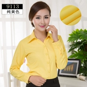 Mùa thu dài tay áo sơ mi nữ công nhân chuyên nghiệp Slim cơ thể V-Cổ ol đi lại tinh khiết áo sơ mi màu vàng nữ đáy áo áo
