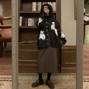 Lone Brown Deer vintage sweater cardigan for women spring lazy style loose outer wear long-sleeved bear sweater jacket