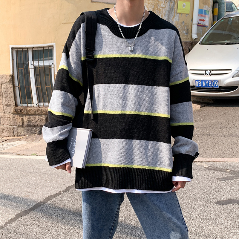 Autumn and winter new sweater men's loose and versatile casual color matching Korean fashion bottom striped T-shirt round neck Pullover