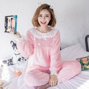 Bộ đồ ngủ mùa đông dày lông cừu san hô mùa thu và mùa đông dài tay phiên bản Hàn Quốc của bộ phim hoạt hình đầu công chúa flannel phù hợp với dịch vụ nhà