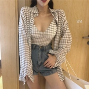 Hồng Kông hương vị retro chic sexy V-Cổ kẻ sọc + hoang dã lỏng dài tay kem chống nắng áo sơ mi thời trang phù hợp với nữ triều