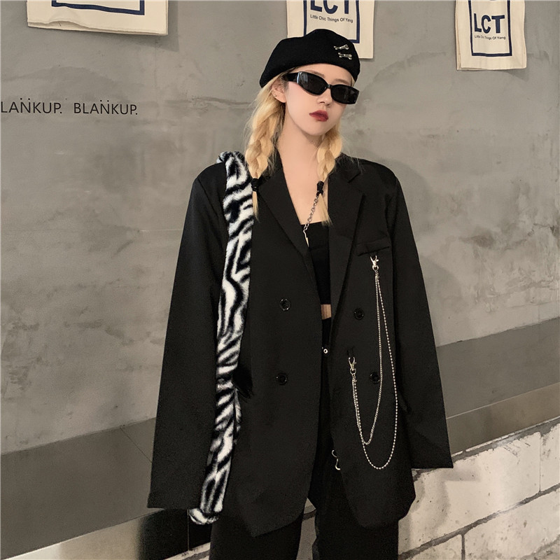 blackBlazer female spring and autumn 2021 new pattern Korean version ins Port style Medium and long term man 's suit easy leisure time jacket loose coat tide