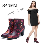 Sanmingmei thời trang retro cao gót mùa đông cộng với nhung mưa ủng nữ mưa mưa ống nước ngắn giày chống trượt giày nước 717