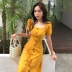 Mùa hè Hàn Quốc phiên bản của chic retro slim cao eo là mỏng màu rắn đơn ngực vuông cổ áo ngắn tay dài ăn mặc nữ 	váy thắt dây eo	 Váy eo cao