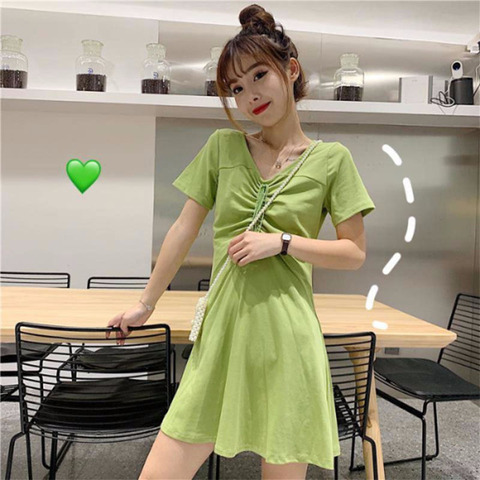 牛油果绿色抽绳V领短袖t恤女夏中长款连衣裙2019新款纯色小众裙子