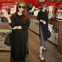 Váy bà bầu mùa thu đông 2018 kích thước lớn phiên bản Hàn Quốc lỏng lẻo mẹ giả hai mảnh bà bầu đan váy đen dam bau