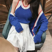 2018 net màu đỏ với phù hợp với phiên bản Hàn Quốc mỏng của áo khoác cardigan + đan áo + váy xếp li hoang dã một từ váy