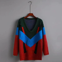 Jiang Xin với mohair lỏng màu sắc hình học phù hợp với retro v-cổ áo len dài tay áo đan đáy áo ao khoac len dep