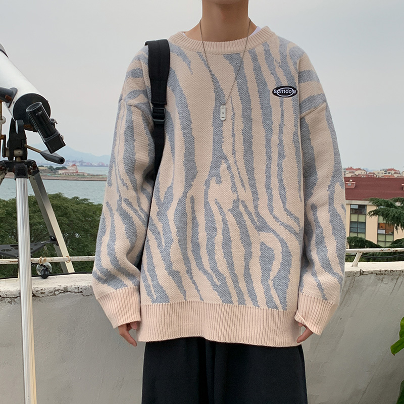 Ins fashion retro color matching zebra sweater men's Hong Kong Style loose Pullover Korean version versatile autumn and winter T-shirt