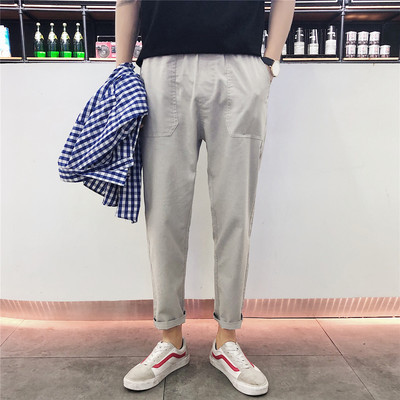 2018 Hồng Kông phong cách quần mới nam Hàn Quốc phiên bản của xu hướng của quần âu chân lỏng lẻo quần hoang dã thẳng bông và quần linen quần ngủ nam Crop Jeans