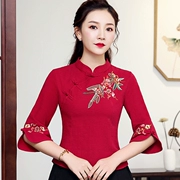 2019 mùa thu mới kiểu Trung Quốc đứng cổ áo cotton và vải lanh thêu Trung Quốc phong cách quốc gia retro Quần áo mỏng quần áo phụ nữ - Áo sơ mi