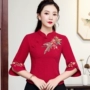 2019 mùa thu mới kiểu Trung Quốc đứng cổ áo cotton và vải lanh thêu Trung Quốc phong cách quốc gia retro Quần áo mỏng quần áo phụ nữ - Áo sơ mi áo sơ mi form rộng tay lỡ