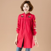 2019 xuân hè mới văn học retro cotton và vải lanh thêu dài của phụ nữ áo sơ mi dài tay thêu kích thước lớn - Áo sơ mi