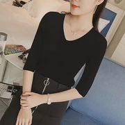 2018 Hàn Quốc phiên bản của năm điểm tay áo băng lụa t-shirt mùa thu phần mỏng Slim mỏng màu rắn V-Cổ tay áo knit đáy áo phụ nữ