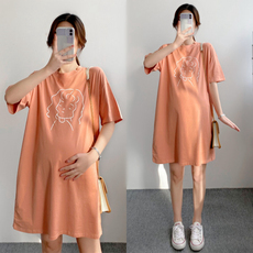 Футболка для беременных 孕妇连衣裙夏款女2022新款时尚大码宽松纯棉短袖t恤裙中长款上衣