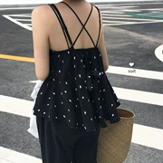 Mùa hè Hàn Quốc phiên bản của lỏng cung dây đeo búp bê áo sơ mi + đen chín điểm rộng chân quần hai bộ phụ nữ thời trang phù hợp với