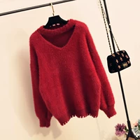 Демисезонный свитер, красный лонгслив, трикотажный шарф, популярно в интернете, свободный крой, в западном стиле, V-образный вырез