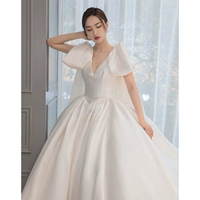 Французское атласное световое свадебное платье 2023 Новое невеста v -neck хвост