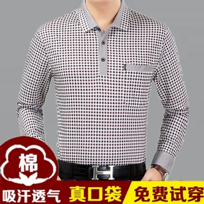 Người đàn ông trung niên của dài tay T-Shirt cotton phần mỏng kinh doanh ve áo 40-50 năm tuổi quần áo cha nạp trung niên quần áo nam áo thun polo Áo phông dài