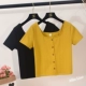 2018 new retro Hồng Kông hương vị quảng trường cổ áo sơ mi ins slim màu rắn t-shirt bạn gái ngắn tay T-Shirt nữ mùa hè áo len nữ Áo / áo thun