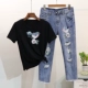 Trạm châu âu 2018 mùa xuân mới đính cườm sequins chim ngắn tay t-shirt + lỗ bảy điểm jeans phù hợp với nữ thủy triều