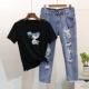 Trạm châu âu 2018 mùa xuân mới đính cườm sequins chim ngắn tay t-shirt + lỗ bảy điểm jeans phù hợp với nữ thủy triều quần tập yoga ống rộng Mùa xuân