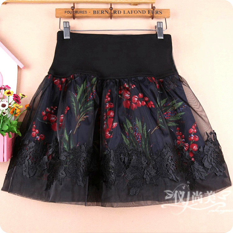 Mùa xuân và mùa thu Phụ nữ ren ngắn Váy in Organza Váy Puffy Culottes Váy Kích thước lớn Cơ sở eo cao Váy sợi - Váy