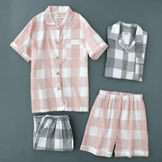 Nhật bản kẻ sọc vài bộ đồ ngủ mùa hè bông gạc ngắn- tay quần short của phụ nữ người đàn ông giản dị dịch vụ nhà phù hợp với