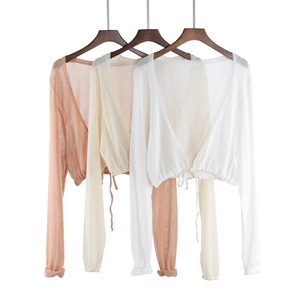 Băng lụa gai cardigan 2018 Hàn Quốc đoạn ngắn gió lười biếng với dây rút áo len kem chống nắng áo khăn choàng áo