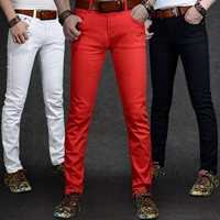 Эластичные джинсы, красные штаны, повседневные брюки, подходит для подростков, в обтяжку