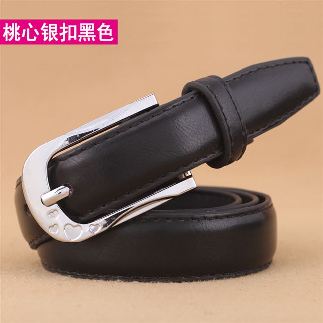 Peach Heart Silver Button Black【 Free Admission plus hole 】 Belt female fashion Korean leisure Pin buckle belt female fine Simple and versatile Jeans Belt