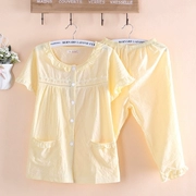 Màu rắn ngắn tay cắt quần đồ ngủ mùa hè của phụ nữ mỏng dệt bông rửa bộ đồ ngủ màu vàng dịch vụ nhà phù hợp với