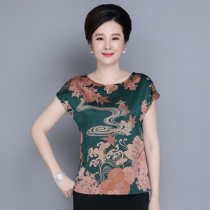 Sennu 2018 mới B21 lụa lụa ngắn tay áo sơ mi của phụ nữ in vòng cổ lụa lỏng mẹ ăn mặc