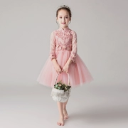 Váy trẻ em màu hồng công chúa váy cô gái dày mùa đông hoa nhỏ cô gái chủ tiệc cưới trang phục piano mùa thu và mùa đông
