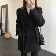 Áo khoác len nữ phiên bản hàn quốc 2018 thu đông mới thắt lưng sang trọng băng đô Slim áo len mỏng màu đen