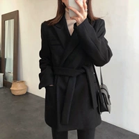 Áo khoác len nữ phiên bản hàn quốc 2018 thu đông mới thắt lưng sang trọng băng đô Slim áo len mỏng màu đen áo khoác da nữ cao cấp
