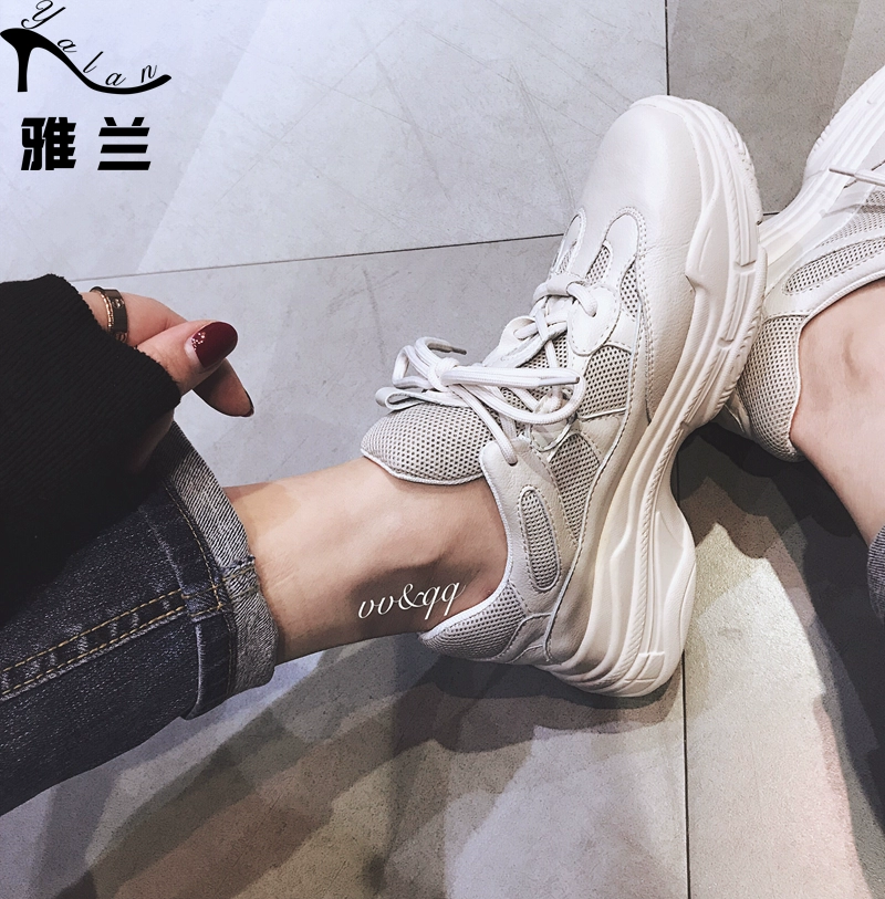 Hàng đuôi 35 thước ưu đãi đặc biệt giày cổ lưới da thật đế dày tăng đơ Han Fan giày thể thao nữ cạp thấp ren lò xo - Giày cắt thấp