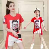 Mùa hè 2019 lưới đỏ bất thường băng râm cô gái hoa ba chiều trang trí hoa mẹ và con gái áo phông cotton trẻ em hàng đầu - Trang phục dành cho cha mẹ và con đồ gia đình