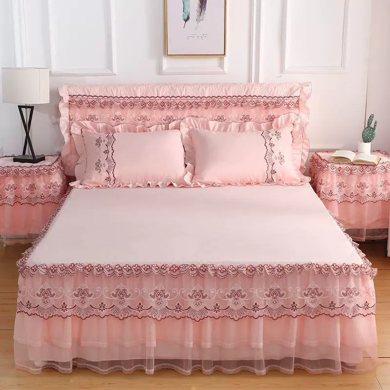 Công chúa phong cách chải màu rắn giường váy khăn trải giường đơn mảnh ren lãng mạn váy gạc 1,8m bảo vệ chống trượt - Váy Petti