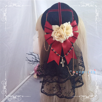 taobao agent Custom Lolita Cattle Hat Cap, Gothic CLA Rose Hair Towel Bow Chain Cross