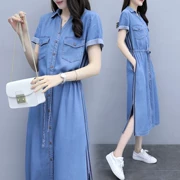 2019 phụ nữ mới mùa hè Xiu Slim áo dài đầm cowgirl tay ngắn chia tay áo sơ mi - váy đầm