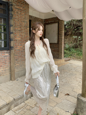 taobao agent Nail sequins, summer advanced pleated skirt, long skirt, plus size, high waist, high-quality style, hip-accented