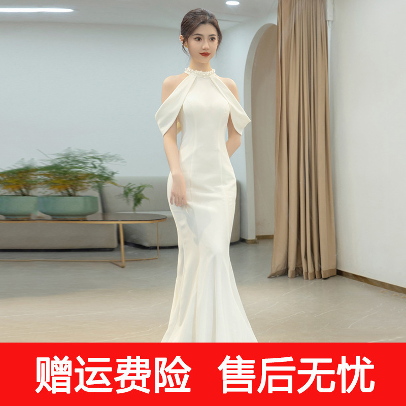 Fish -tail wedding girl 2024 new bride satin main wedding dress super immortal high -level tract light wedding gallery gauze