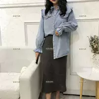 Mua áo sơ mi nữ triều đại Han Fan sen lá sen ve áo lớn búp bê cổ áo sinh viên hoang dã denim quần áo quốc phục - Trang phục dân tộc bộ đồ dân tộc