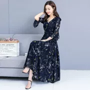 Mùa hè 2019 mới kích thước lớn của phụ nữ tay áo kèn tay áo hoa phiên bản Hàn Quốc của chiếc váy tự nhiên lớn voan đầm xòe - Váy dài