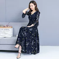 Mùa hè 2019 mới kích thước lớn của phụ nữ tay áo kèn tay áo hoa phiên bản Hàn Quốc của chiếc váy tự nhiên lớn voan đầm xòe - Váy dài váy maxi đi biển cho người béo