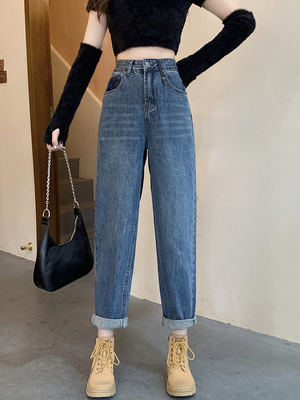 taobao agent Retro fleece demi-season fitted loose straight jeans, plus size, high waist, for pear shaped body