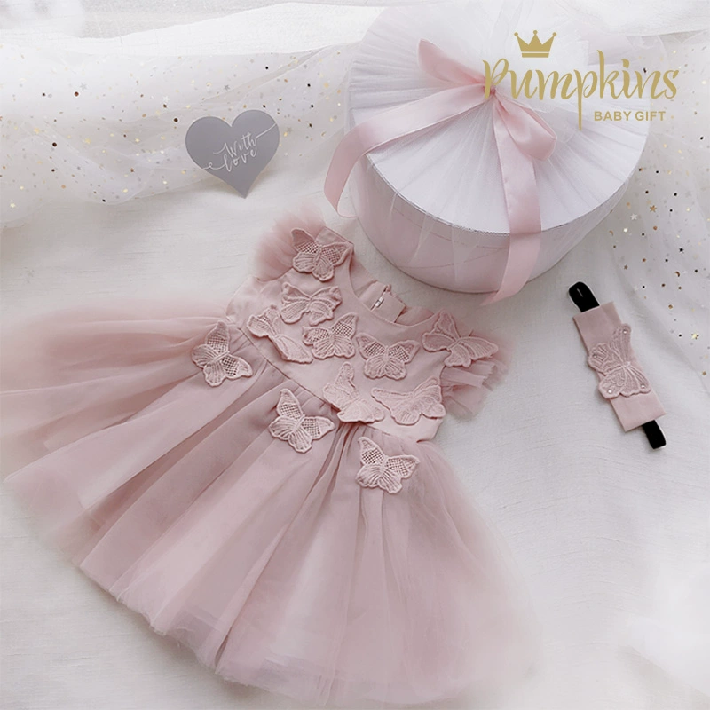 Hộp quà bé gái váy bé gái mùa hè sinh nhật mẫu lụa sinh nhật cổ tích công chúa váy bướm - Bộ quà tặng em bé